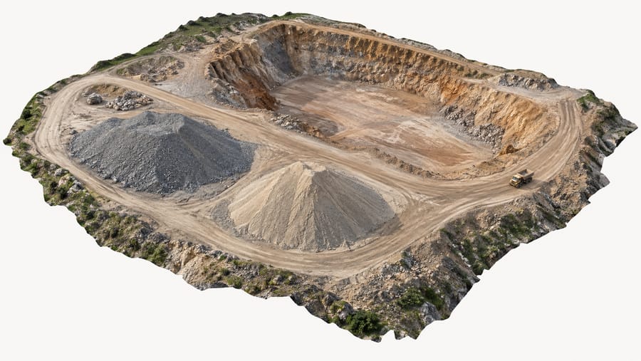 Modelo 3D de una zona minera con acopios de material
