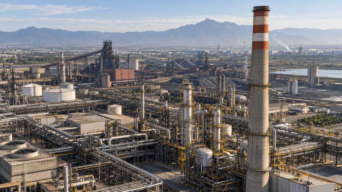 Planta industrial con chimeneas, tanques y racks de tubería